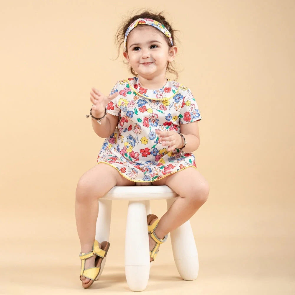 Baby girl in floral dress and headband sitting on white stool, kids fashion outfit