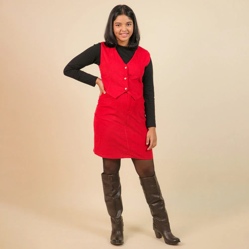Girl wearing festive red dress and vest with black top and knee-high boots, holiday outfit