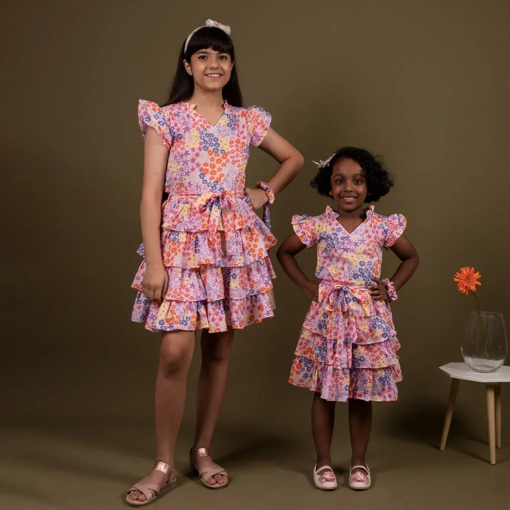 Two girls wearing matching floral ruffle dresses for kids, standing in a studio setting