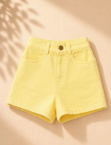 Girls Yellow Denim Cotton Shorts-Tweeny Mini