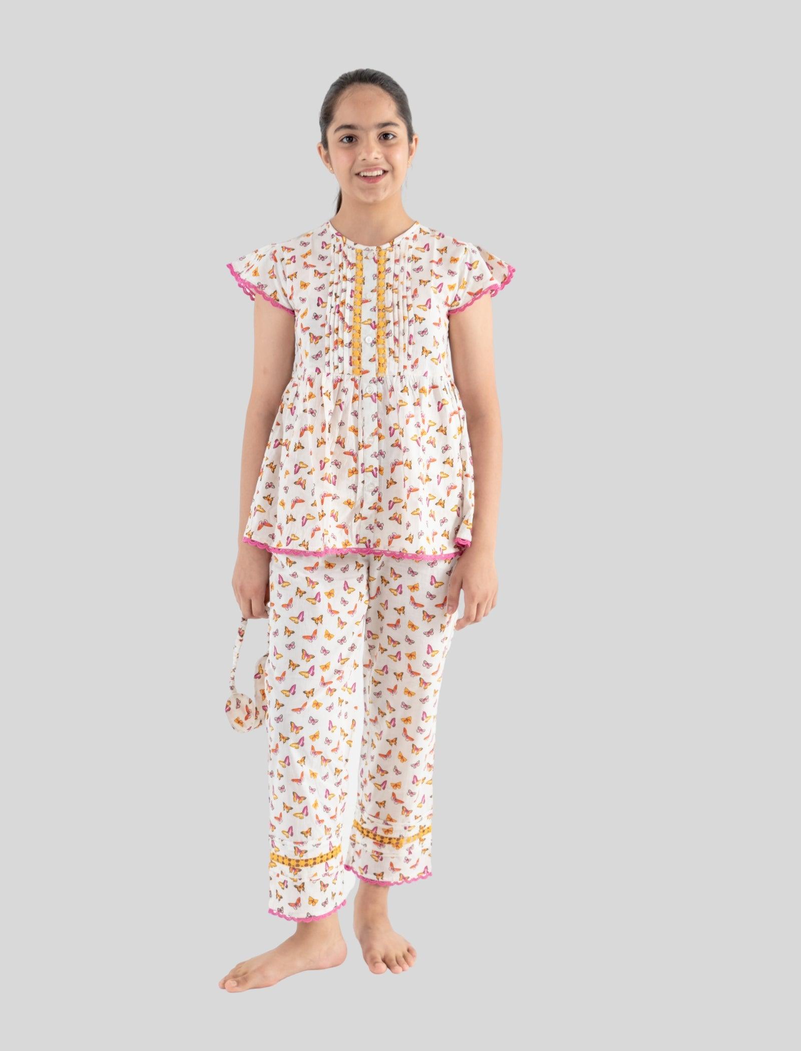 Butterfly Cotton Nightdress for Girls Kids with Eye mask (Off White)