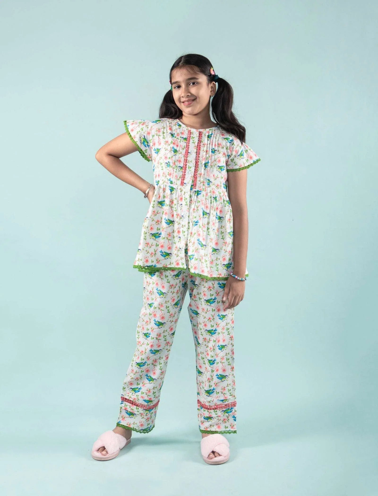Bird Printed Girls Cotton Nightsuit with Eye Mask (Green)