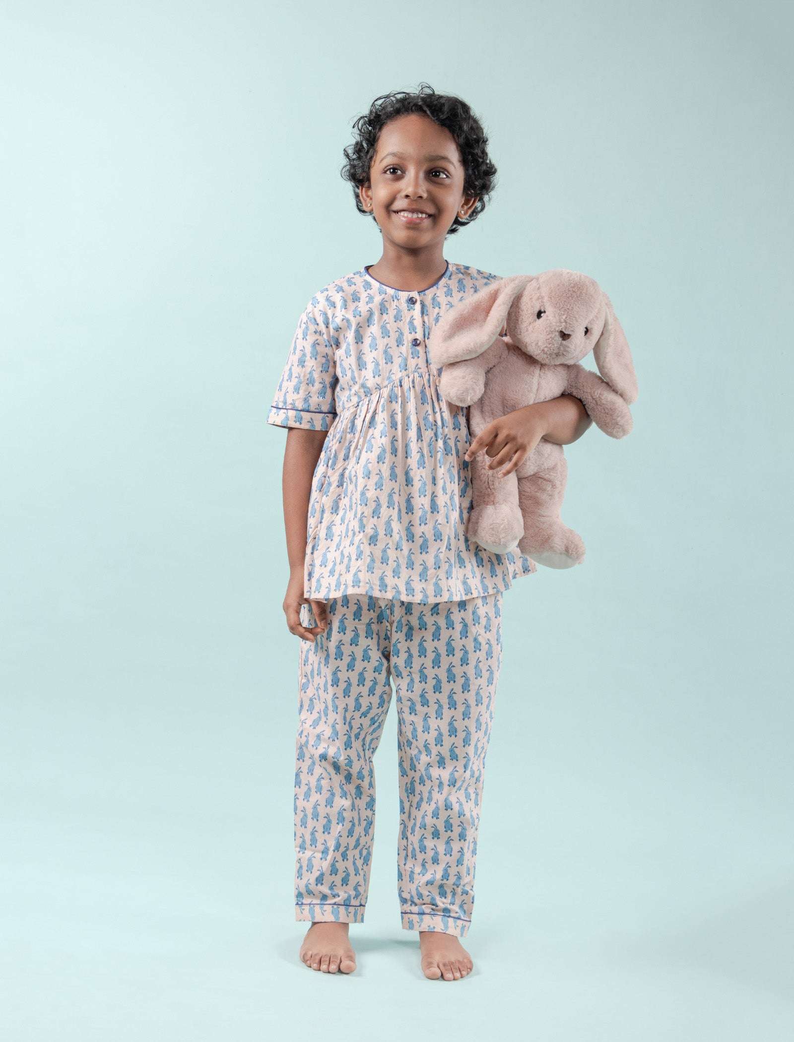 Cute Bunny Printed Night Dress for Girls Kids (Light Blue)